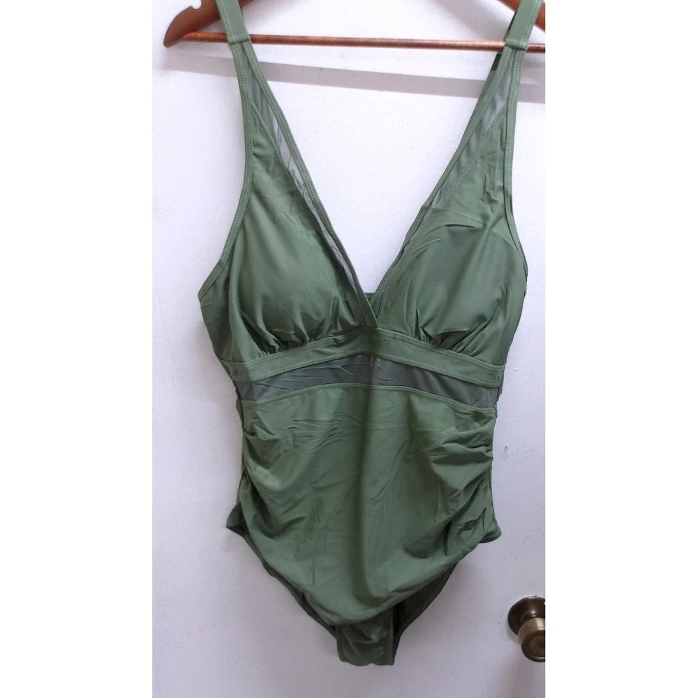 Olive Green One Piece Swimsuit Mesh Ruched V-Neck Swimwear Large‎ /#26612